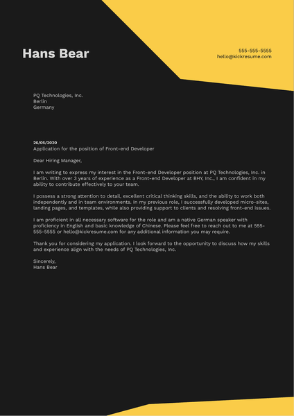 Front-end Developer Cover Letter Example