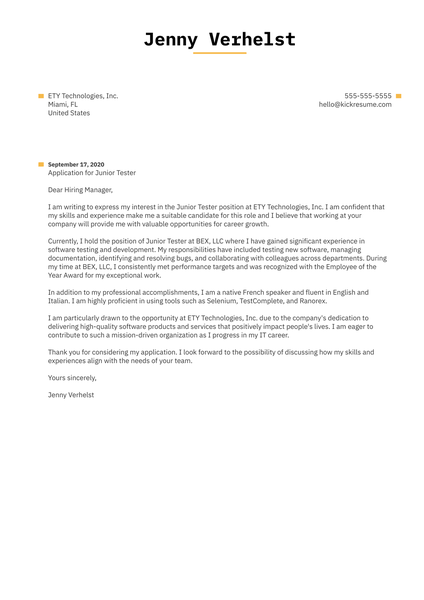 Junior Tester Cover Letter Example