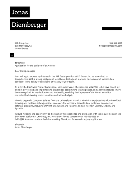 SAP Tester Cover Letter Sample