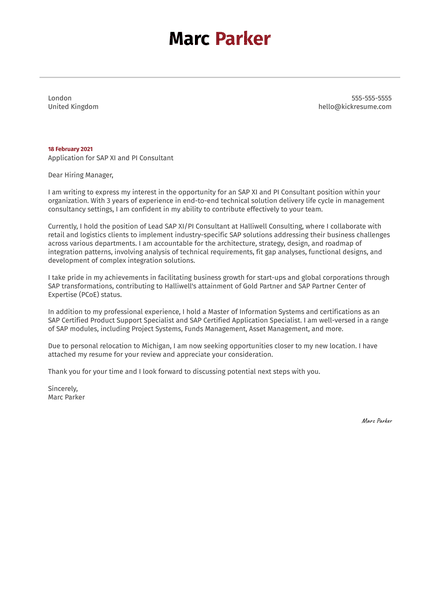 SAP XI and PI Consultant Cover Letter Template
