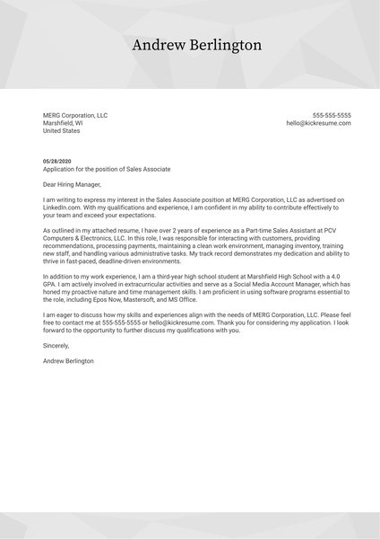 Example Cover Letter for Teenager