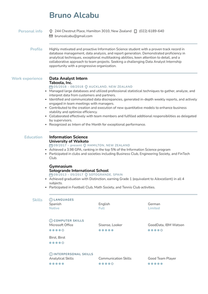 Data Analyst Intern Resume Example