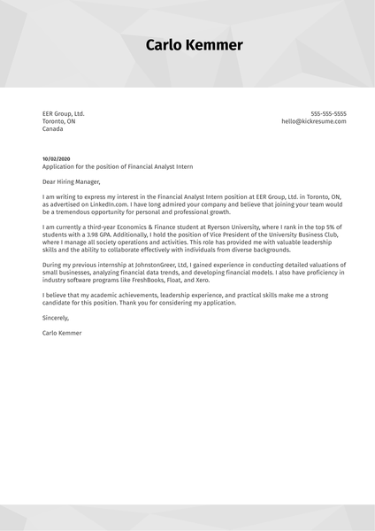 Financial Analyst Internship Cover Letter Sample
