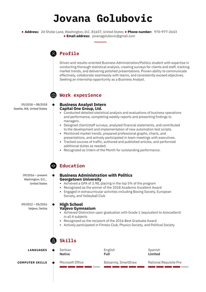 Business Analyst Intern Resume Example
