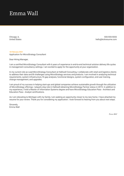 MicroStrategy Consultant Cover Letter Example