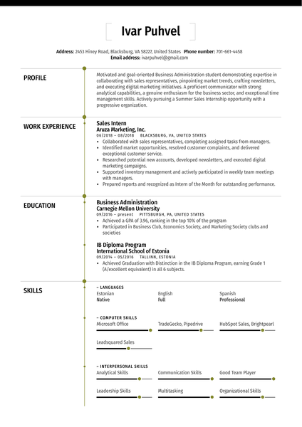 Sales Intern Resume Sample