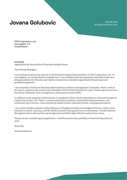 Business Analyst Internship Cover Letter Example