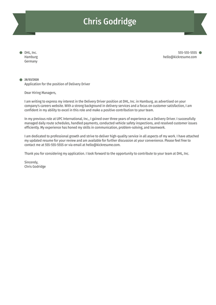 Delivery Driver Cover Letter Template