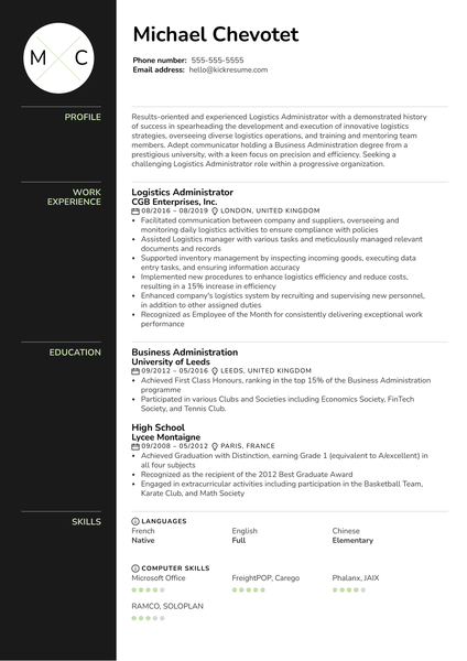 Logistics Administrator Resume Sample