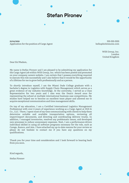 Cargo Agent Cover Letter Example