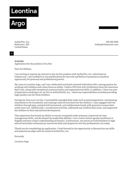 Au Pair Cover Letter Sample