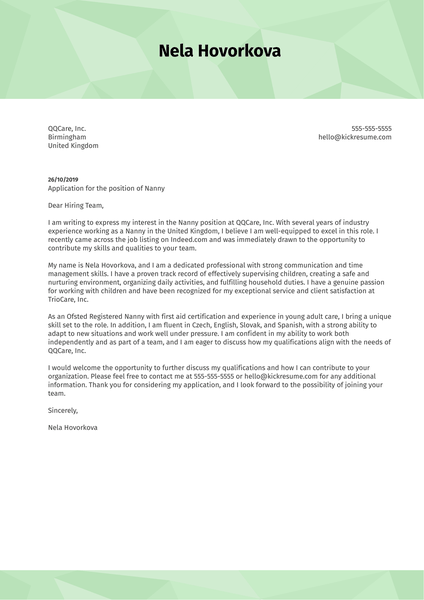 Nanny Cover Letter Example