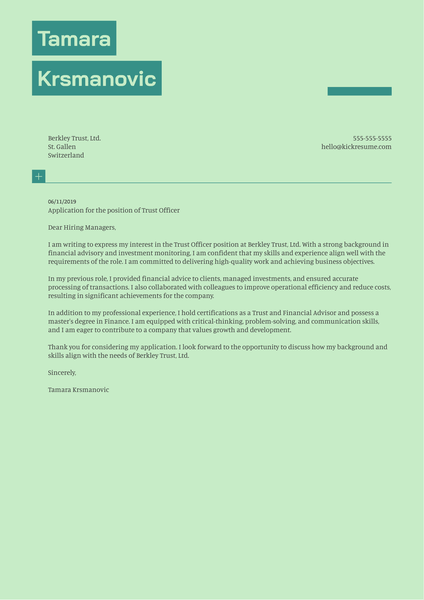 Trust Officer Cover Letter Example