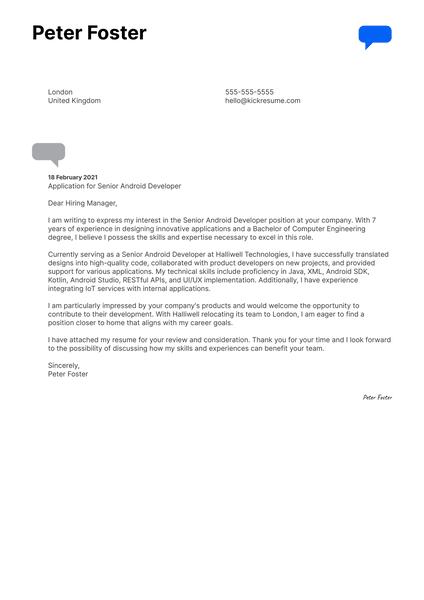 Senior Android Developer Cover Letter Template