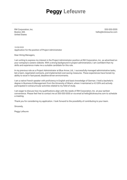 Project Administrator Cover Letter Example