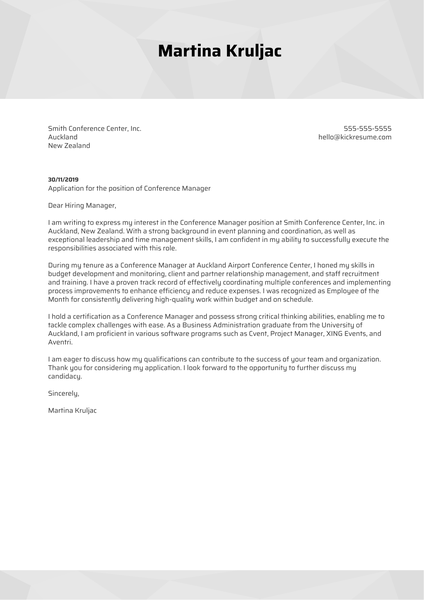Conference Manager Cover Letter Example