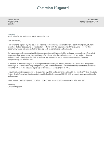 Hospice Administrator Cover Letter Template