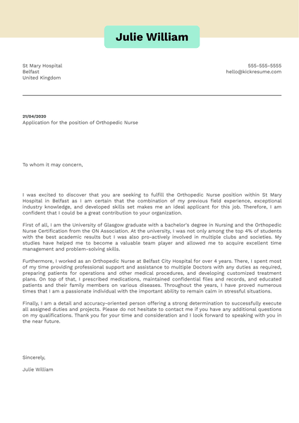 Orthopedic Nurse Cover Letter Sample