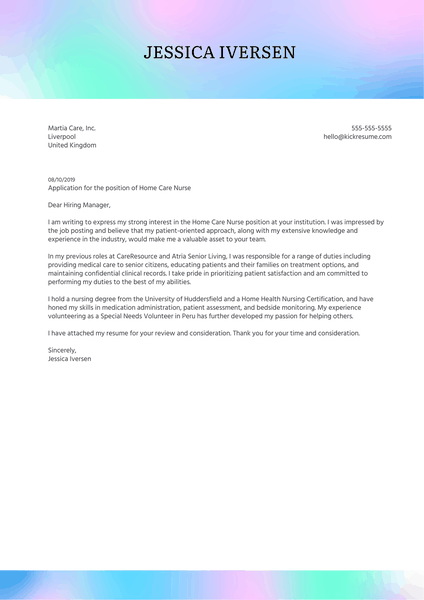 Home Care Nurse Cover Letter Example