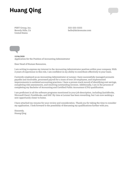 Accounting Administrator Cover Letter Example