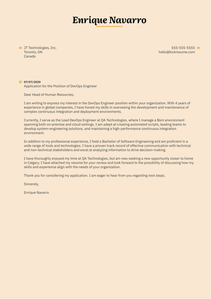 DevOps Engineer Cover Letter Example
