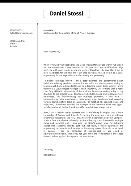 Cloud Project Manager Cover Letter Example