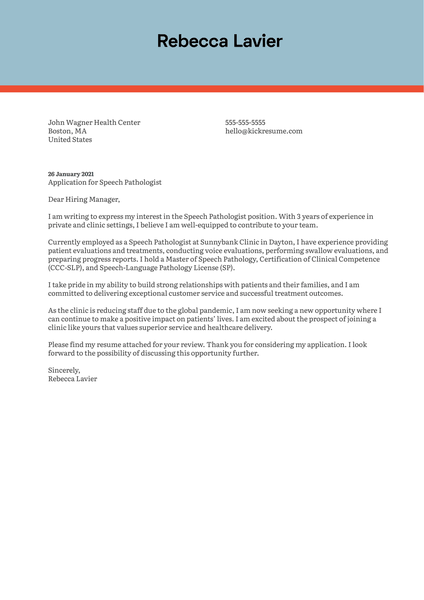 Speech Pathologist Cover Letter Template