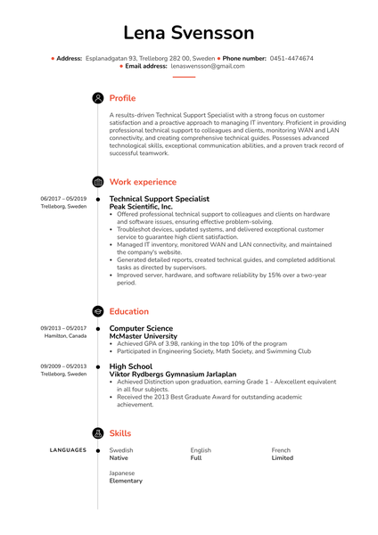 Technical Support Specialist Resume Example