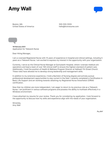 Telework Nurse Cover Letter Sample