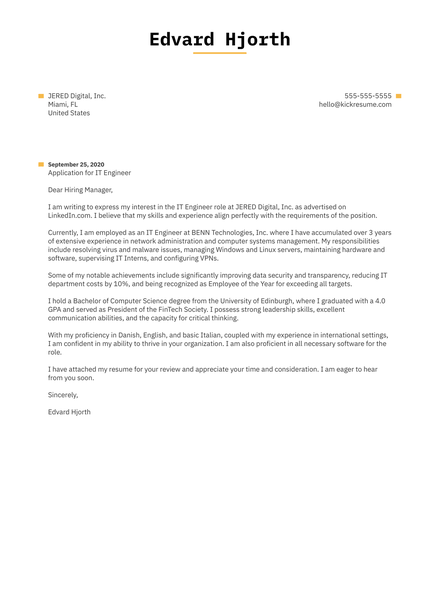 IT Engineer Cover Letter Example