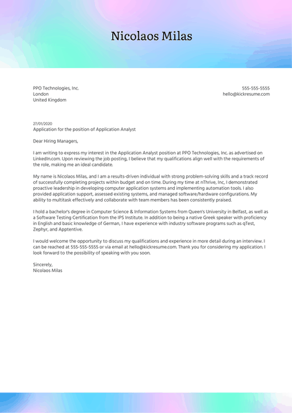 Application Analyst Cover Letter Example