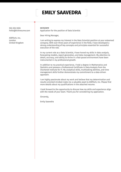 Data Scientist Cover Letter Example