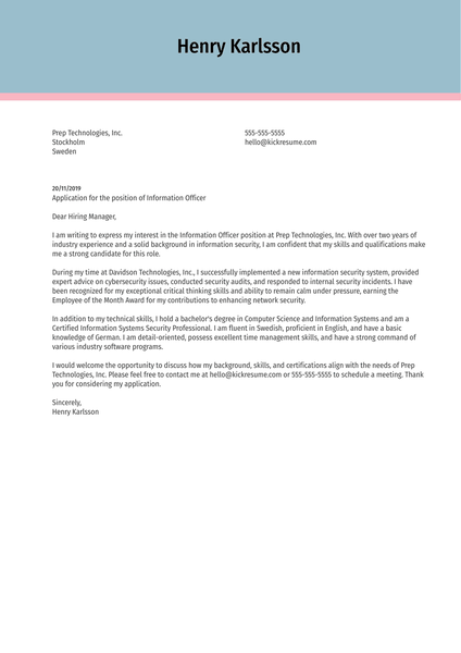 Information Officer Cover Letter Example