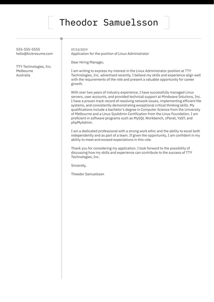 Linux Administrator Cover Letter Example