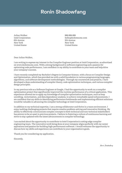 Compiler Engineer Cover Letter Sample