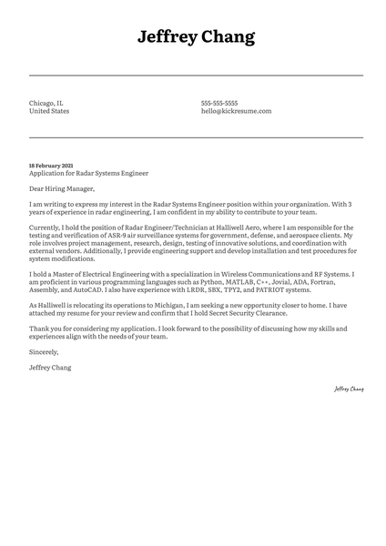 Radar Systems Engineer Cover Letter Template