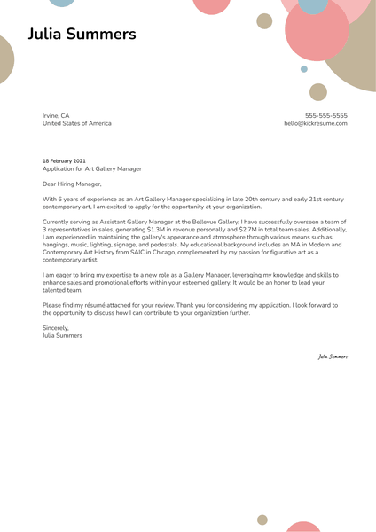 Art Gallery Manager Cover Letter Sample