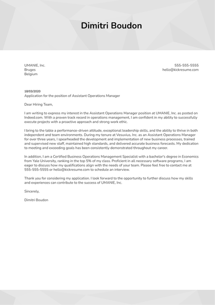 Assistant Operations Manager Cover Letter Example