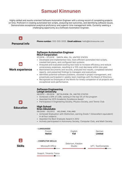 Software Automation Engineer Resume Example