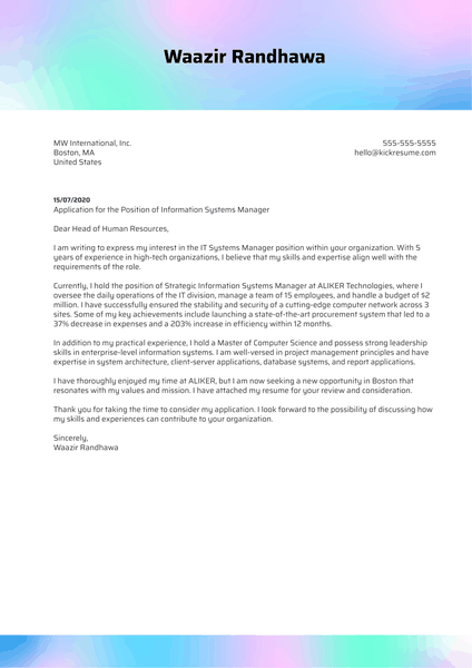 Information Systems Manager Cover Letter Example
