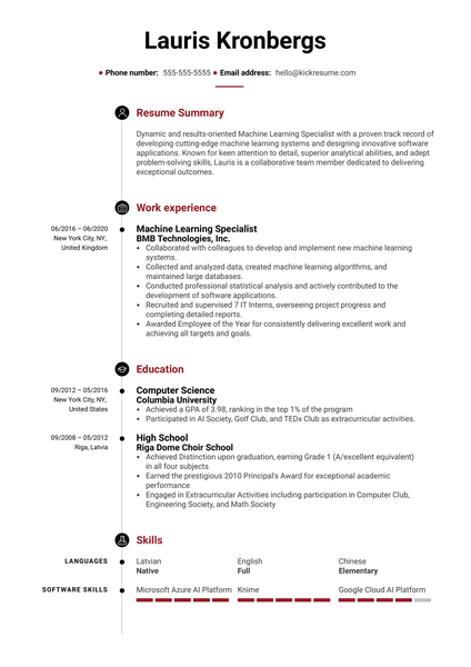 Machine Learning Specialist Resume Example