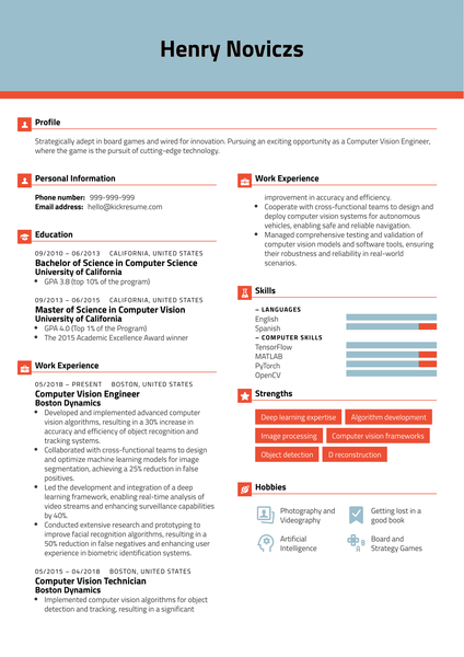 Computer Vision Engineer Resume Sample