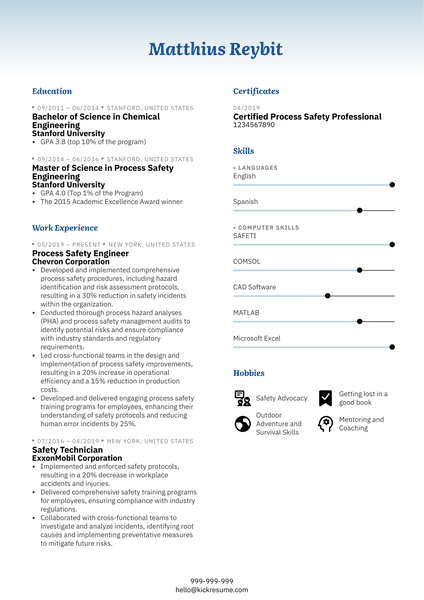 Process Safety Engineer Resume Sample