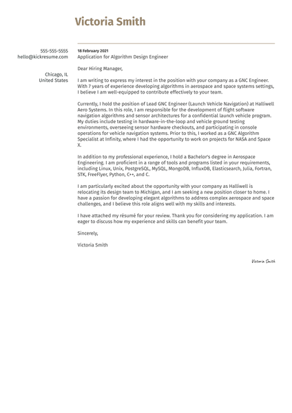 Algorithm Design Engineer Cover Letter Example