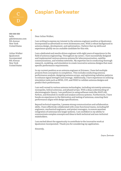 Antenna Engineer Cover Letter Sample