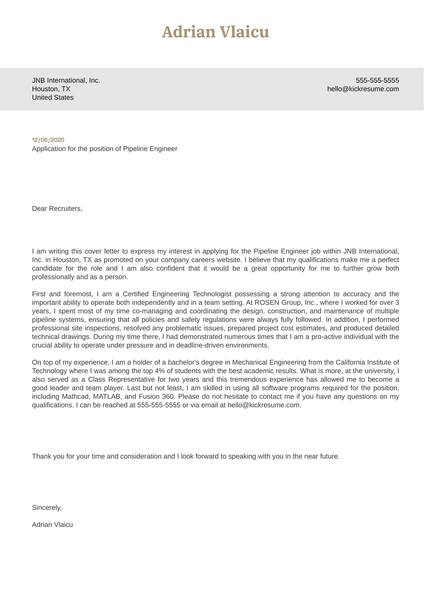 Pipeline Engineer Cover Letter Sample