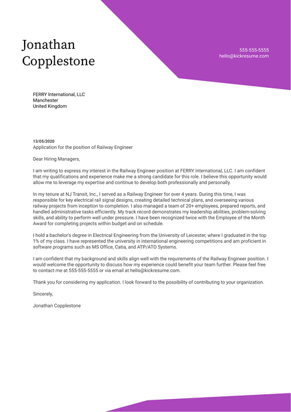 Railway Engineer Cover Letter Sample