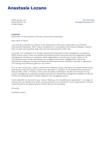 Process Improvement Specialist Cover Letter Example