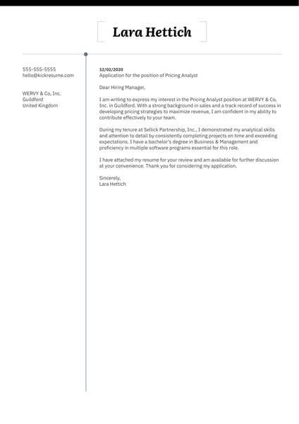 Pricing Analyst Cover Letter Sample