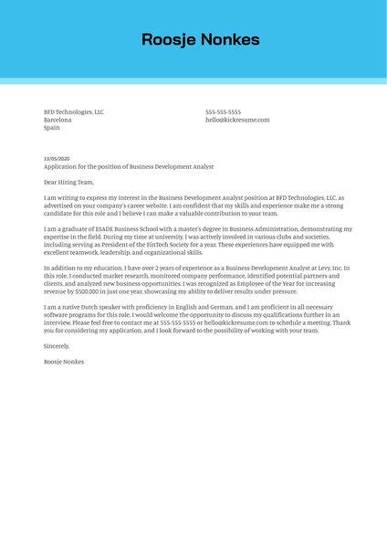 Business Development Analyst Cover Letter Sample